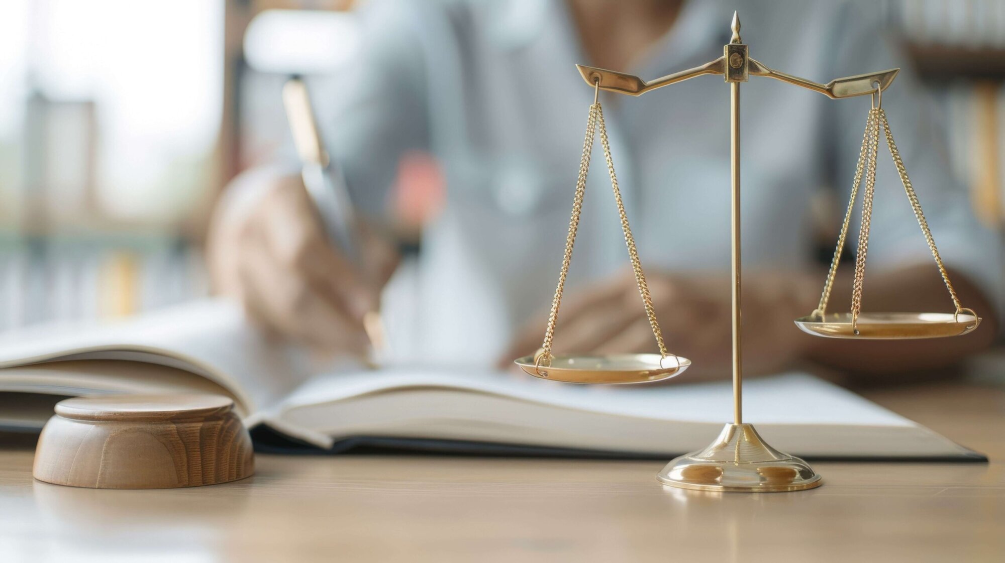 An attorney sits at a desk with the scales of justice, preparing for a NC state bar hearing