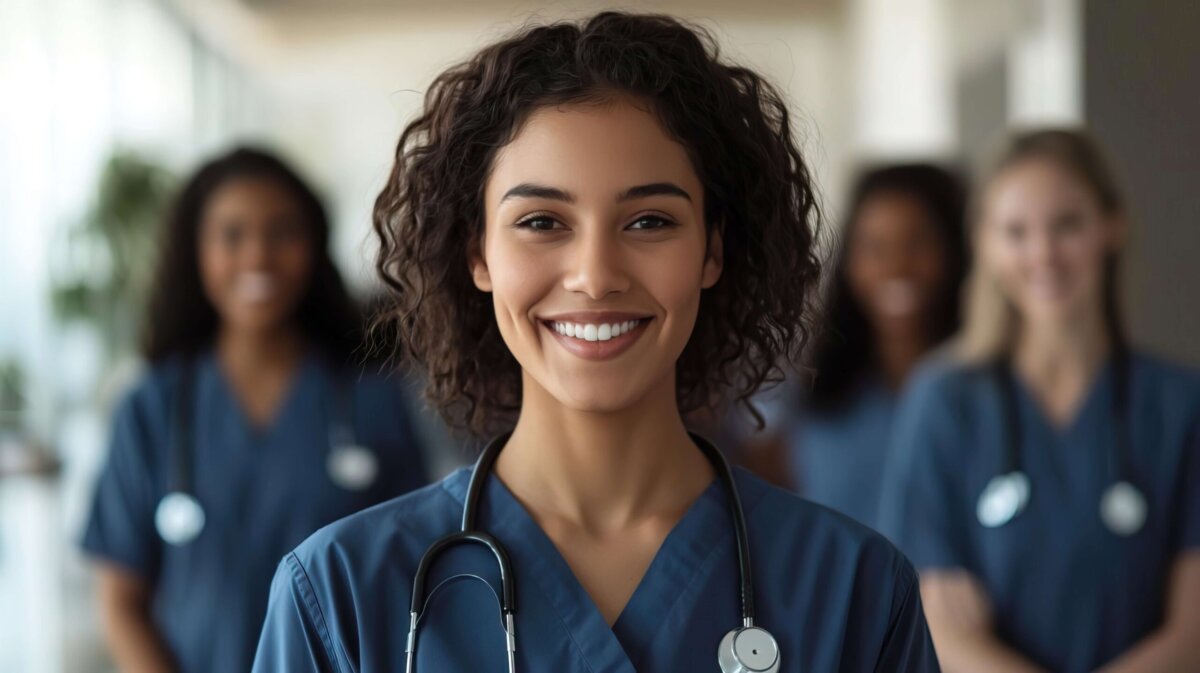 A group of nurses stand together in an NC hospital