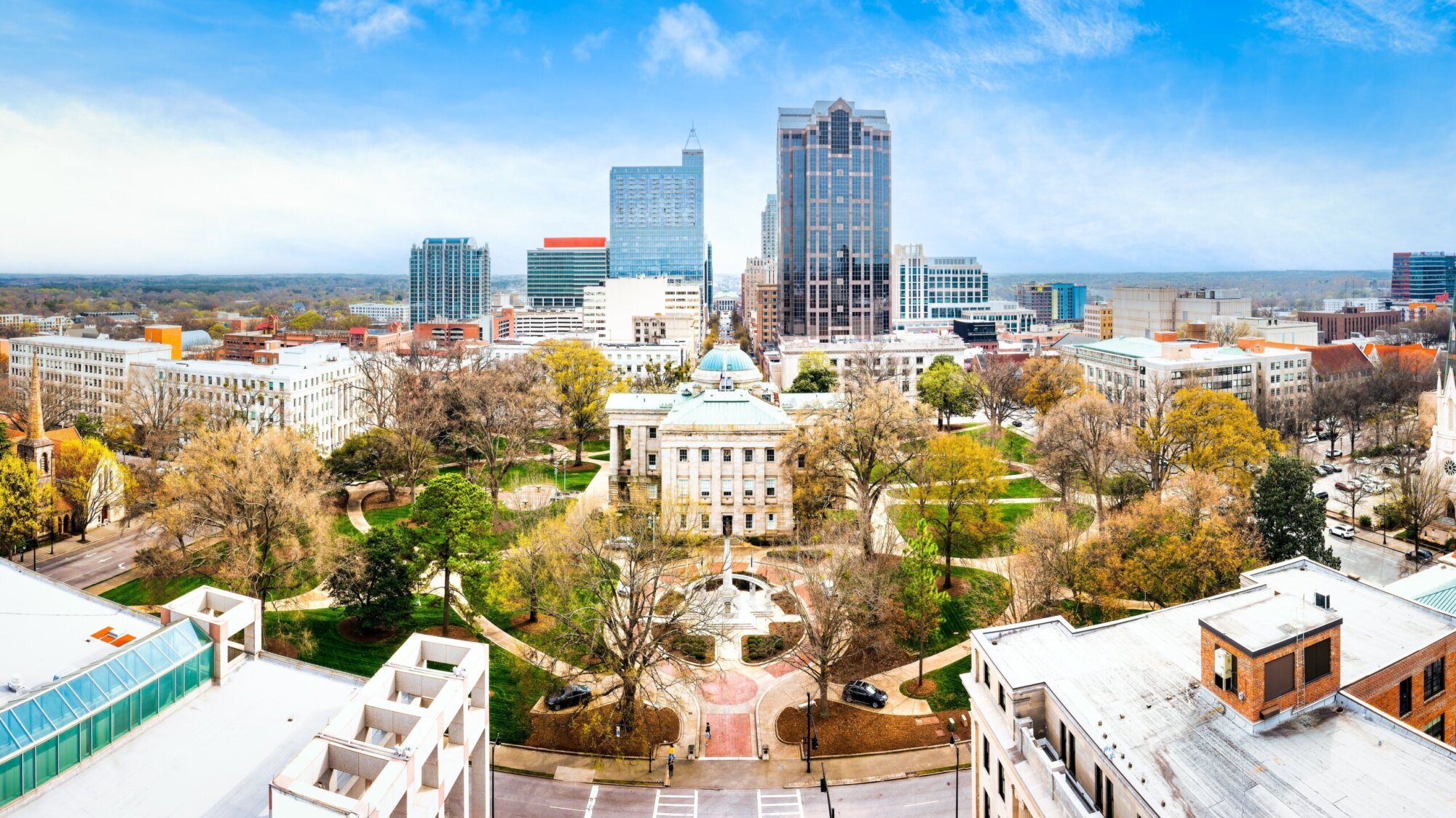 Drone panorama view of the north carolina state capitol and Rayleigh